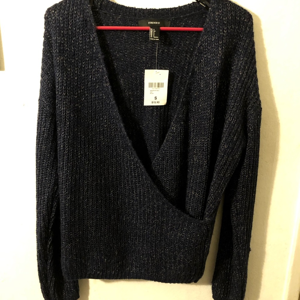 Navy Drip Shoulder Surplice Front Sweater